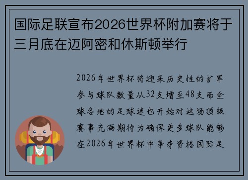 国际足联宣布2026世界杯附加赛将于三月底在迈阿密和休斯顿举行