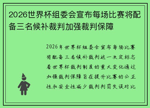 2026世界杯组委会宣布每场比赛将配备三名候补裁判加强裁判保障 2026世界杯组委会宣布每场比赛将配备三名候补裁判加强裁判保障
