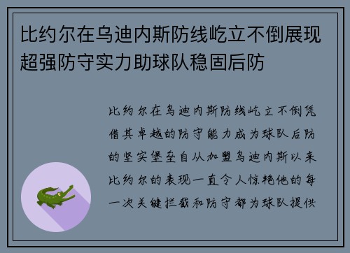 比约尔在乌迪内斯防线屹立不倒展现超强防守实力助球队稳固后防